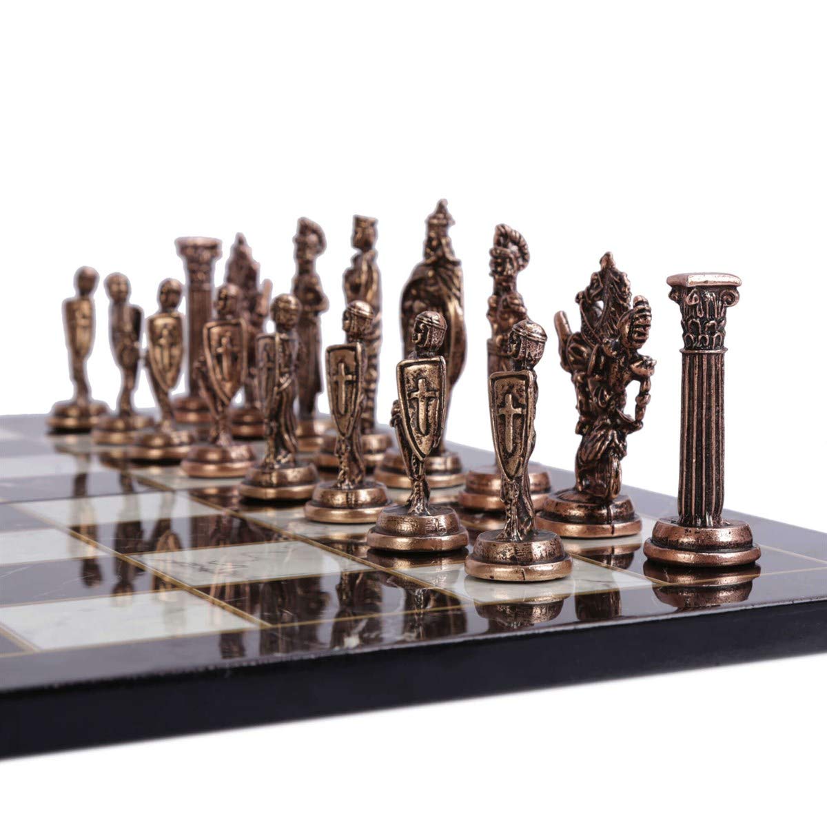 Royal Medieval British Army - Set di scacchi in metallo rame anticato per adulti, pezzi fatti a mano e scacchiera in legno con design in marmo, misura King 8 cm