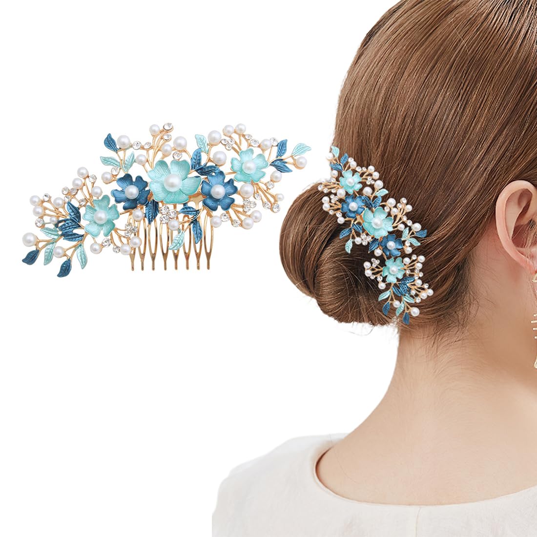 Peineta de Flores para Boda con Perlas, Tocado de Diamantes de Imitación de Flores, Nupcial Decorativo Diadema Fiesta de Bodas Pelo de Noche, Simple y Generoso, Azul