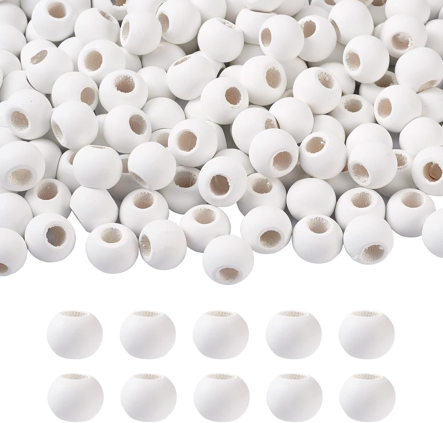 200Pcs White Wood Beads Painted Large Hole Wooden Loose Beads Round Smooth Wooden Spacer Macrame Beads for Necklace Bracelets Jewelry Making Hole: 10mm