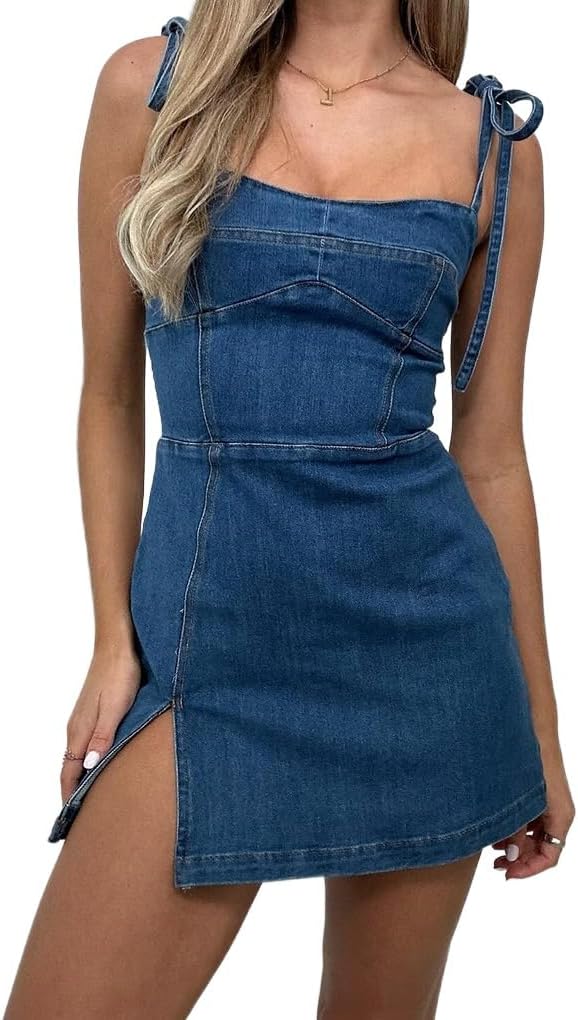 Denim Dress for Women Summer Sleeveless Side Slit Bodycon High Waist Jean Dress