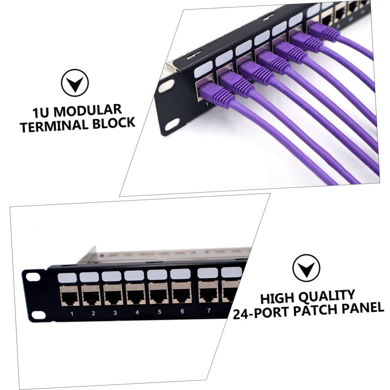 Patch Panel 19 Pollici 24 Porte in Metallo Nero per Rack | Compatibile Cat 3, Cat 5e, Cat 6, Cat 6a e Cat 7, Moduli 90°/180° e Connessione Diretta
