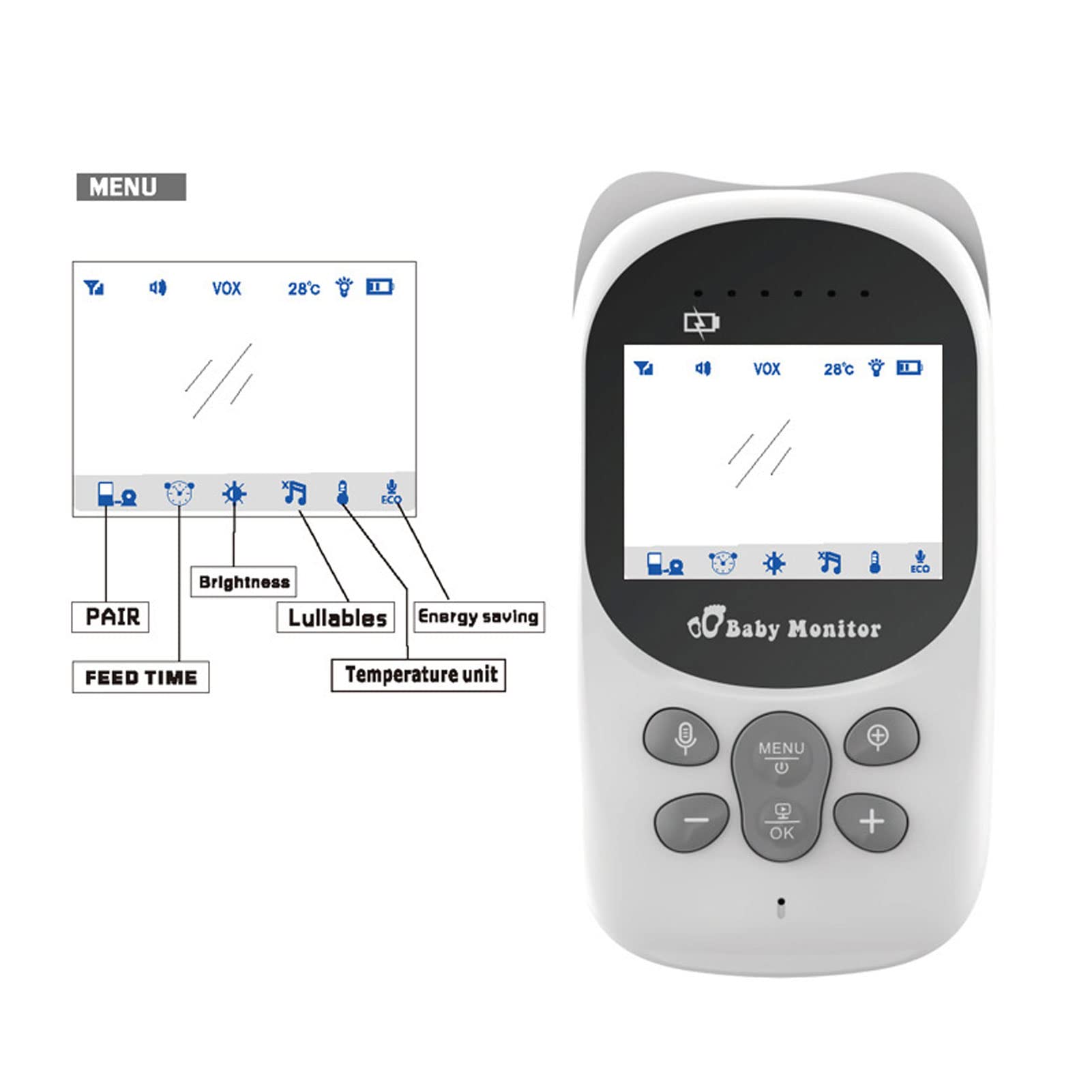 Baby Monitor, Schermo LCD HD da 2,4 Pollici Induzione a Infrarossi Citofono Bidirezionale Baby Camera Monltor, Funzione Musicale Visualizzazione Della Temperatura Ottica Infantile Baby Monitor(UE)