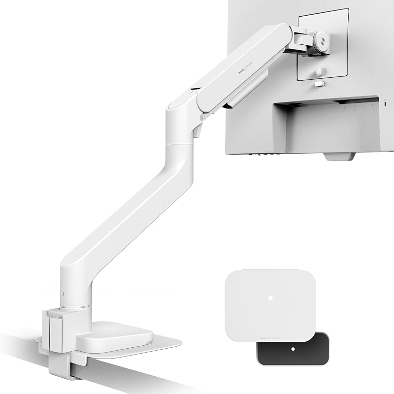 Soporte de escritorio ErgoArm BSH02 Heavy Duty VESA para pantalla de hasta 45" y 44 lbs | VESA 75×75, 100×100. Se adapta a escritorios de 12-45 mm de grosor. Protección de escritorio de placa de refuerzo. Montaje superior - abrazadera Y arandela. Blanco