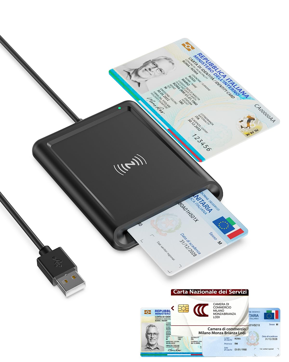 USB-A Lettore CIE 3.0 NFC Identita Elettronica e Tessera Sanitaria Italiana | Lettore Smart Card Firma Digitale per Contatto e Contactless CIE/CRS/CNS,Lettore Carta d'Identità con PC Windows10 e 11 Linux