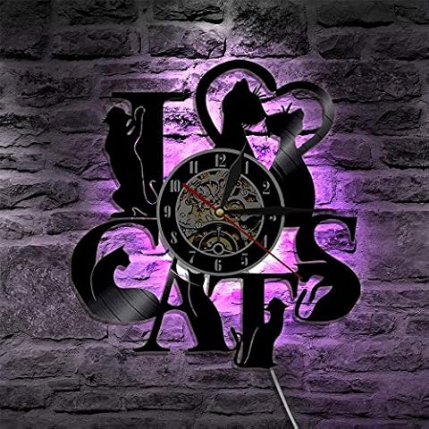 Fancylife I Love Cats Vinyl LED Lighting Vinyl Wall Clock Night Lamp Decoration Vintage Cover