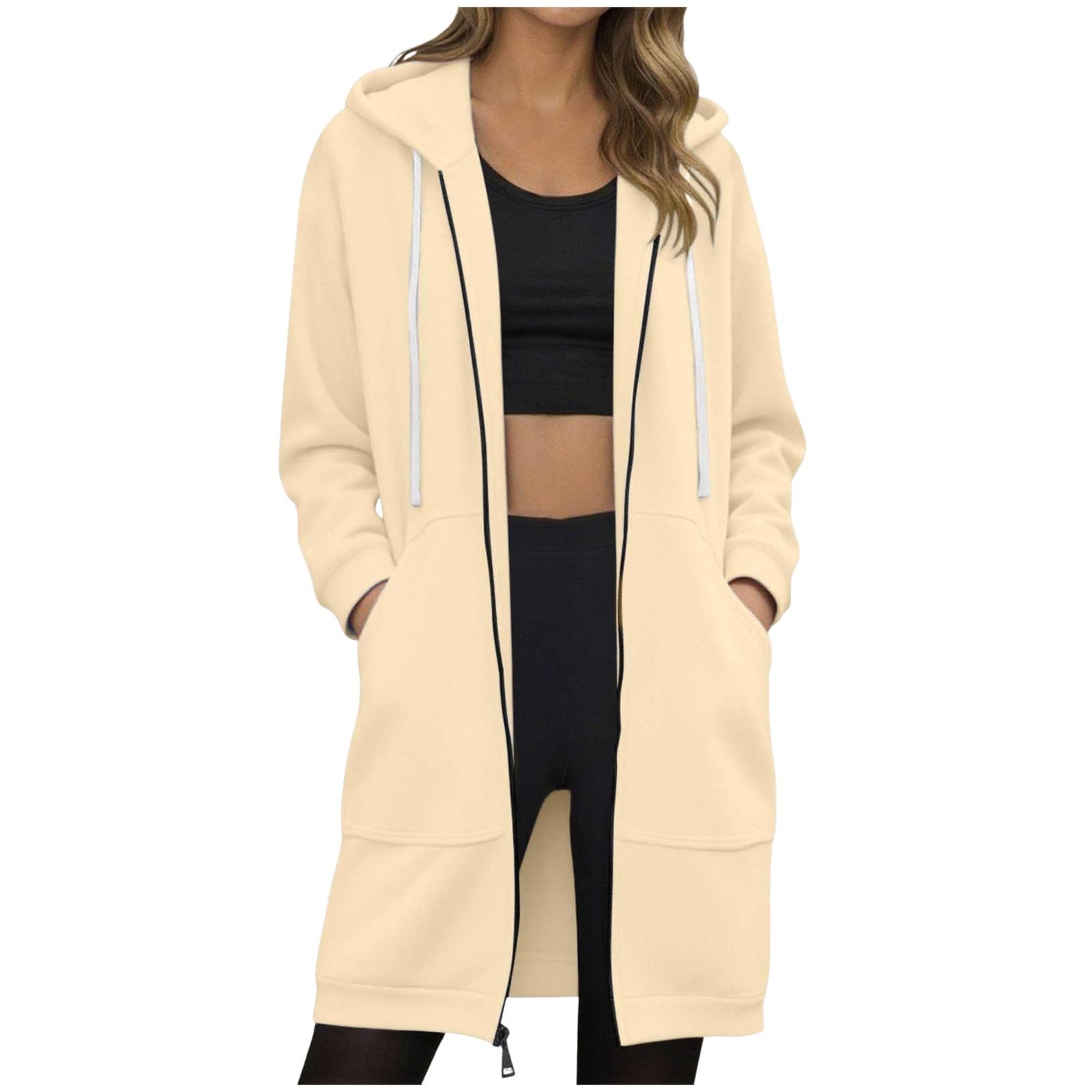 Giacca con Cappuccio Casual da Donna, Tinta Unita, di Media Lunghezza, con Tasche Curve, Ampia Felpa Felpe Azzurre