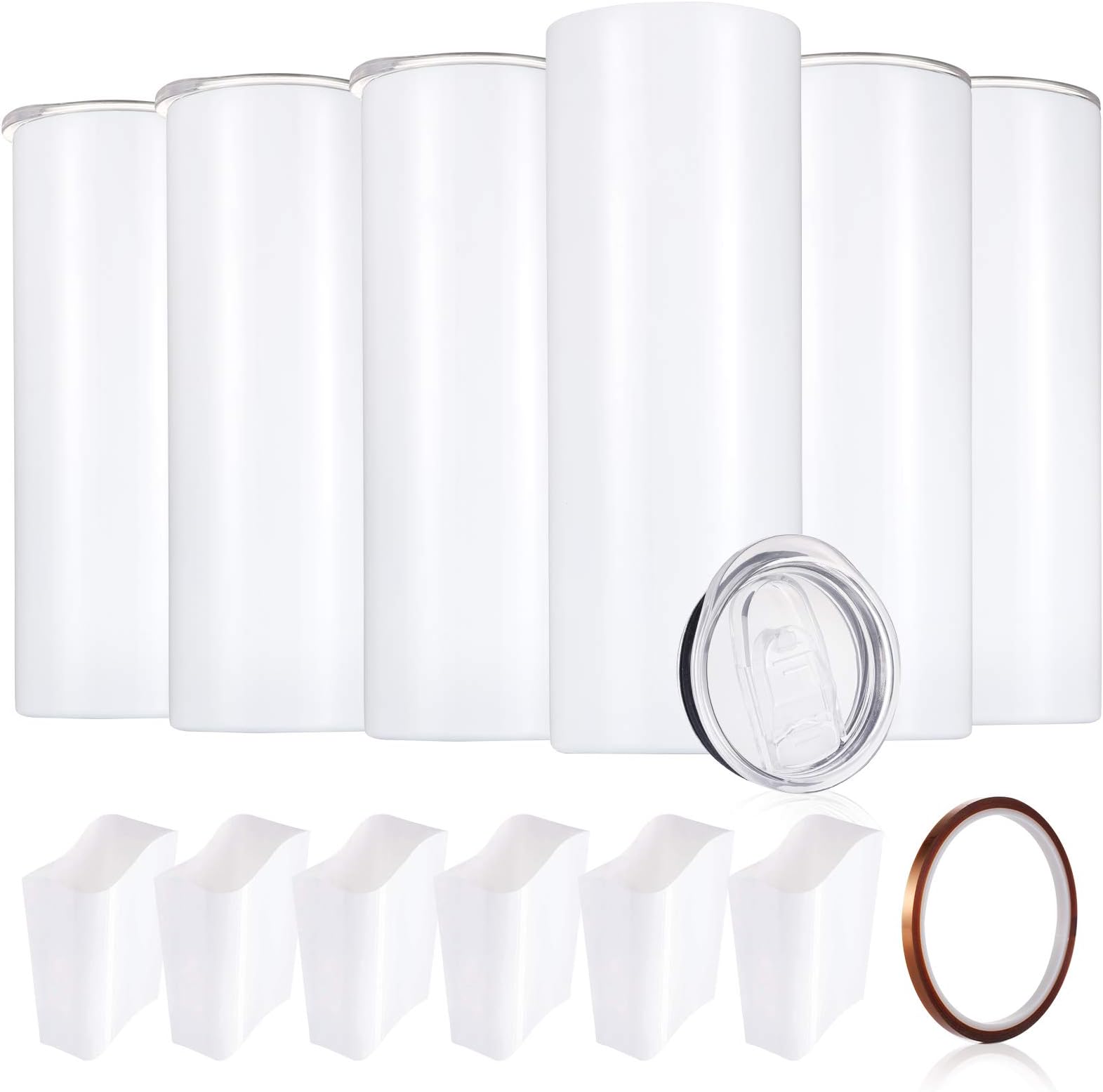 stonechic Sublimation White Straight Skinny Tumbler 20oz for Heat Transfer,Sublimation Blanks, Double Wall Insulated Tumbler with Heat Resistant Tape & Shrink Wrap Sleeve | Vinyl DIY Gifts - 6 Pack