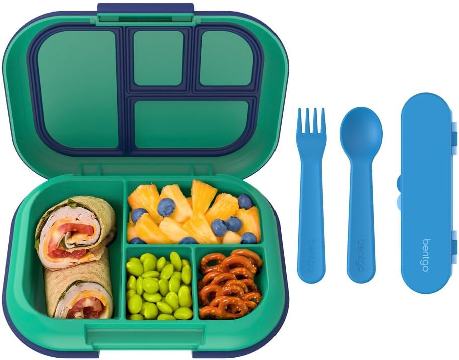 Bentgo® Kids Chill Lunch Box (Green/Navy) With Kids Reusable Plastic Utensils (Blue)