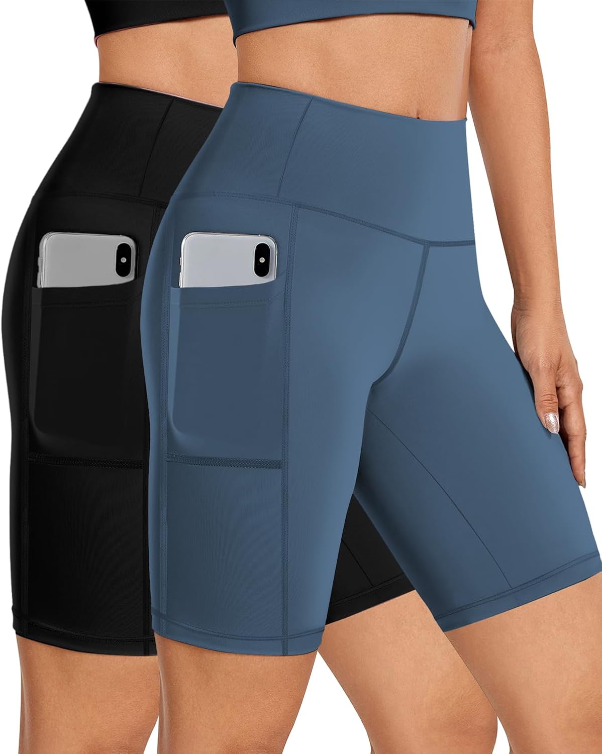Biker Shorts Women Tummy Control Pockets Yoga Workout Stretchy Spandex Shorts Leggings Athletic Running Compression Shorts Tights Knee Length Ladies Long Slip Booty Shorts Dresses Black Blue