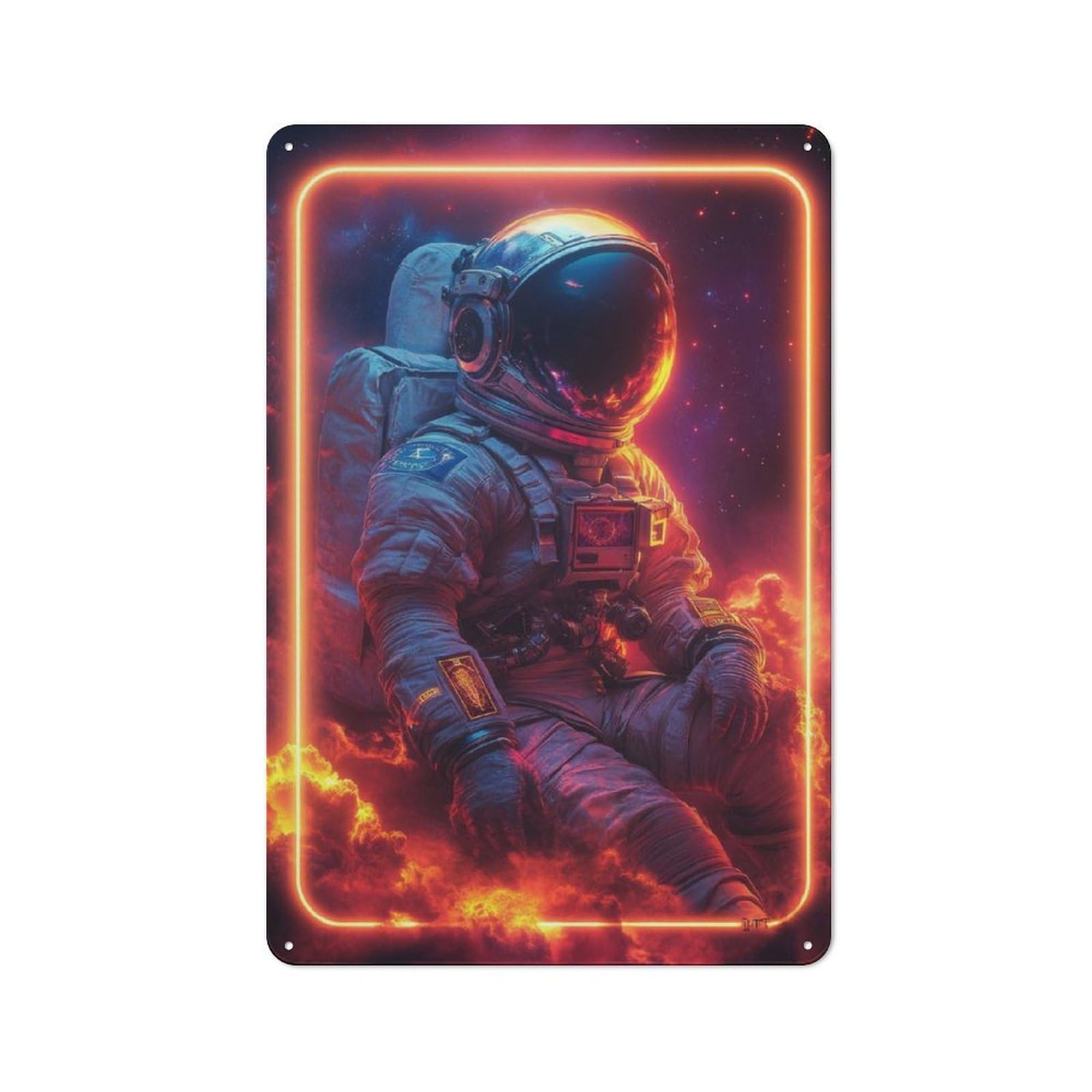 Junmoney Astronaut In Neon Frame Vintage Metal Plaque 30X20cm For Man Cave Or Games Room, For An Autumn Update To Man Cave And Games Room