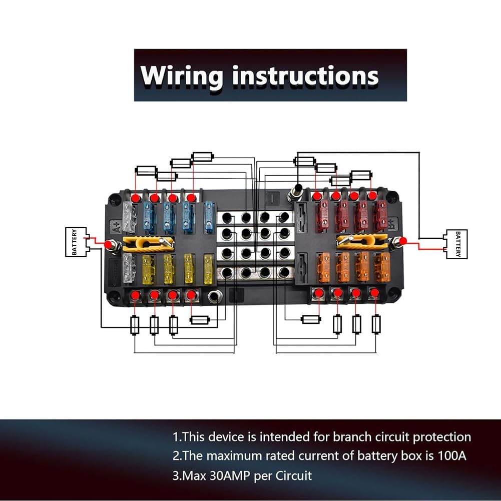 Bloc de Fusibles à Lame 20 Voies, Porte-Fusible 16 Circuits, Panneau SUB DC avec Terre et Couvercle pour Voiture, Bateau, Tricycle, Camion