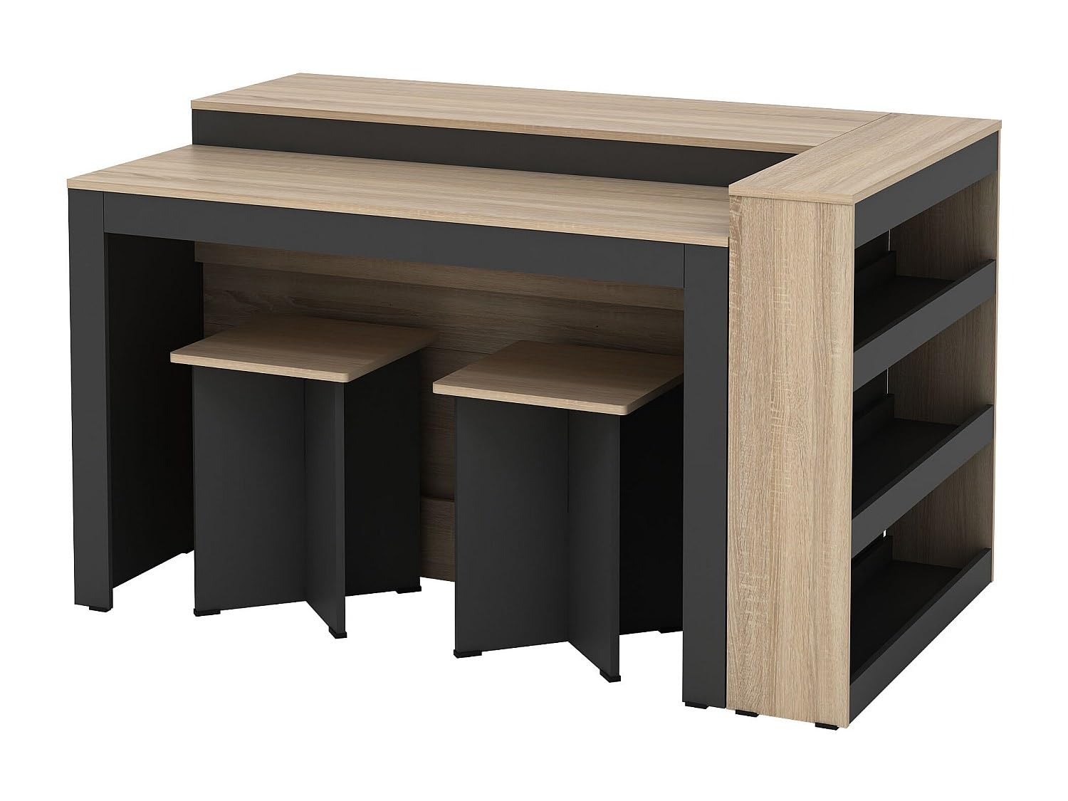 Vente-unique - Ensemble îlot Central de Cuisine + 2 tabourets - Noir et Naturel Clair - NUSICE