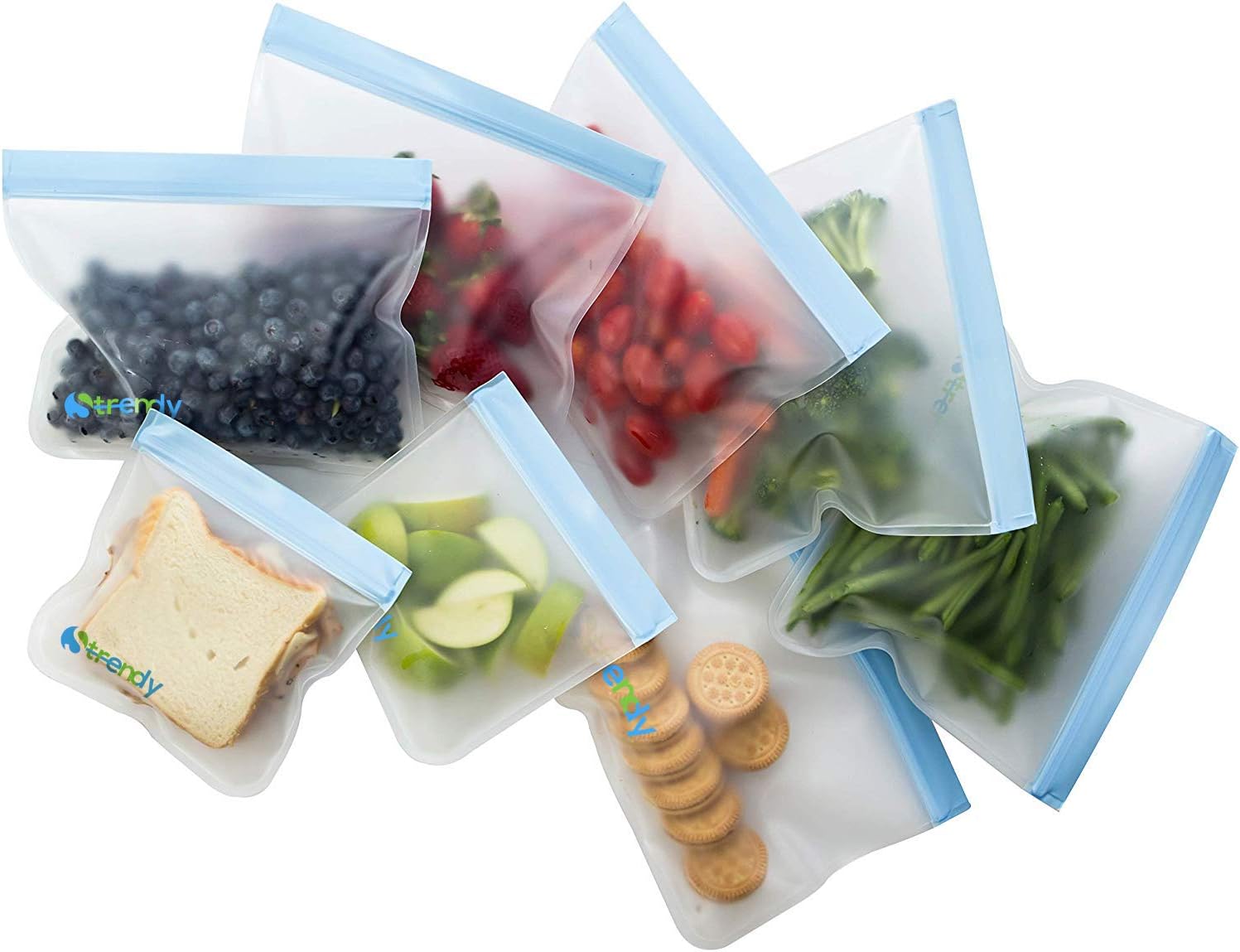 Strendy Reusable Sandwich Bags (8 Pack) - Ziplock Leakproof Snack Bags, Food Storage Bags, Freezer Safe - Excellent for Meal Prepping