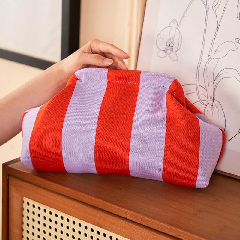 Clutch Purses for Women Summer Beach Woven Crochet Handbag Dumpling Striped Ruched Cloud Purse colorblock Evening Bag pink green — view 5