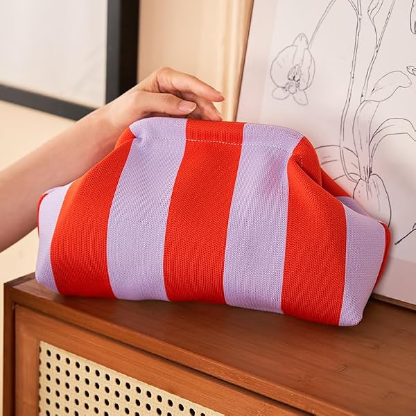 Clutch Purses for Women Summer Beach Woven Crochet Handbag Dumpling Striped Ruched Cloud Purse colorblock Evening Bag pink green - 5