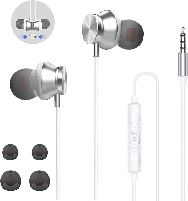 In-Ear Headphones with 3.5mm Hi-Res Extra Bass, Noise Isolating Wired Earbuds with Microphone Volume Control Earbuds, Lightweight Earphones 3.5mm with Magnetic absorption for iPhone, MP3,Android-White