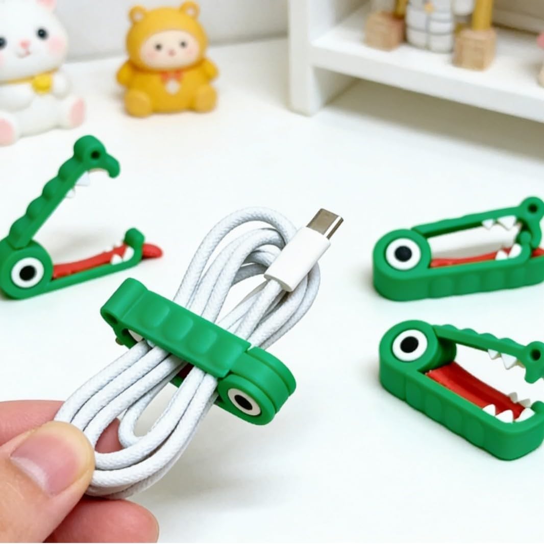 Crocodile Shaped Cable Organizer, Cute Cord Winder, Portable Data Cable Storage Clip, Flexible Cable Holder, Desk Organizer for Home, Office, Travel (green)