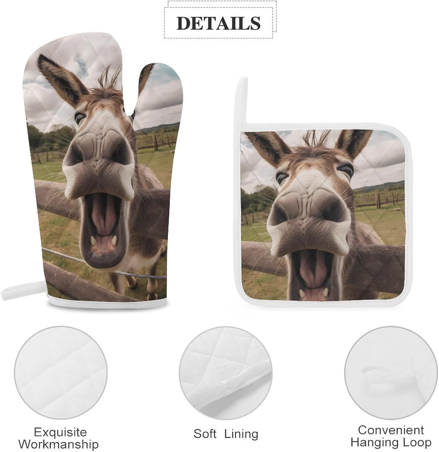 Brown Furry Donkey 4 Pcs Oven Mitts and Pot Holders Set High Heat Resistant Long Kitchen Oven Glove Potholders