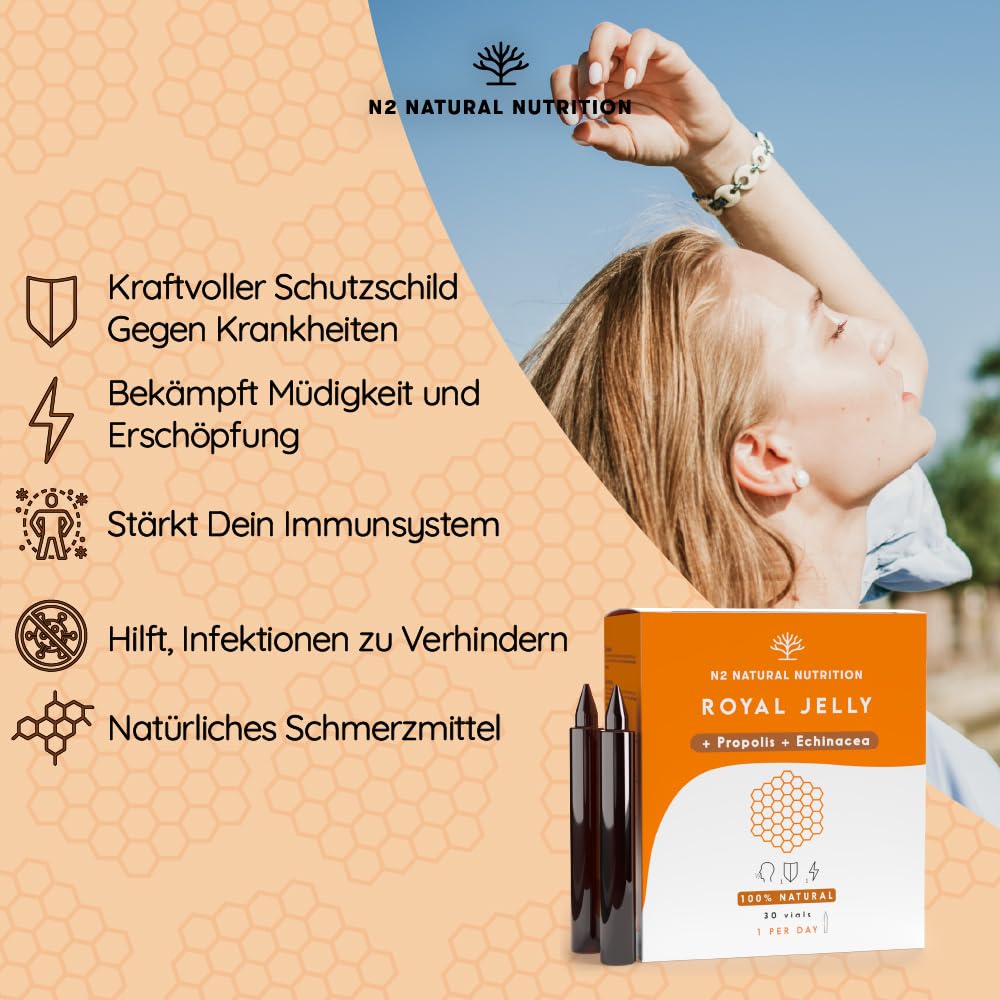 Gelée Royale Pur mit Propolis + Vitamin C + Echinacea. 60 Tage. 2000 MG. Reduziert Müdigkeit und andere Symptome, erhöht Energie, Vitalität und stärkt den Stoffwechsel. CE. N2 Natural Nutrition
