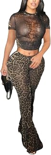 Womens Sexy Cheetah Print Outfit Sleeveless Mesh See Through Bodycon Leopard Print 2 Piece Set Y2K Club Tracksuit