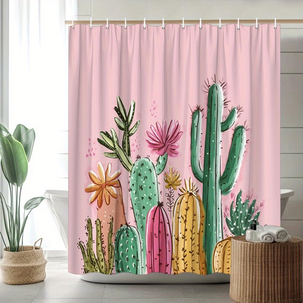 GLKSDLPO Cactus Garden Shower Curtain Colorful Succulents on Pink Background Polyester Bath Curtain for Boho Decor(80x180cm/31x71in(WxH)