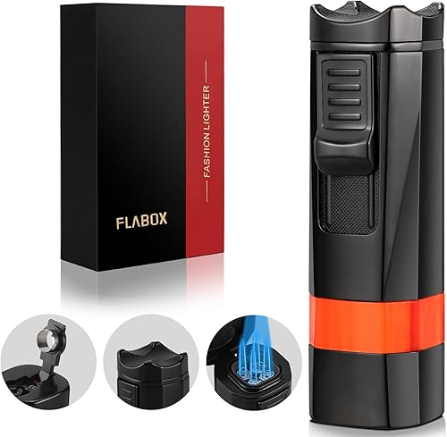 FLABOX Encendedor de antorcha de cuatro chorros, punzón y soporte, resistente al viento, multifuncional, recargable, encendedor de butano, caja de