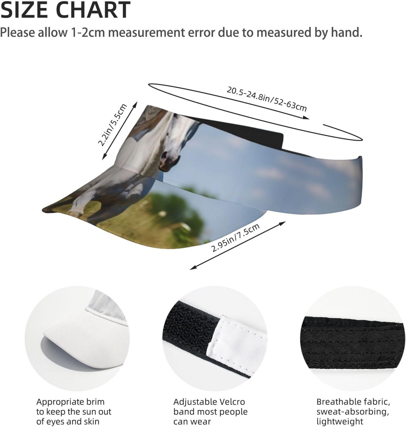 White Stallion Print Sports Sun Visor Hats Adjustable Running Golf Tennis Sun Cap for Women Men