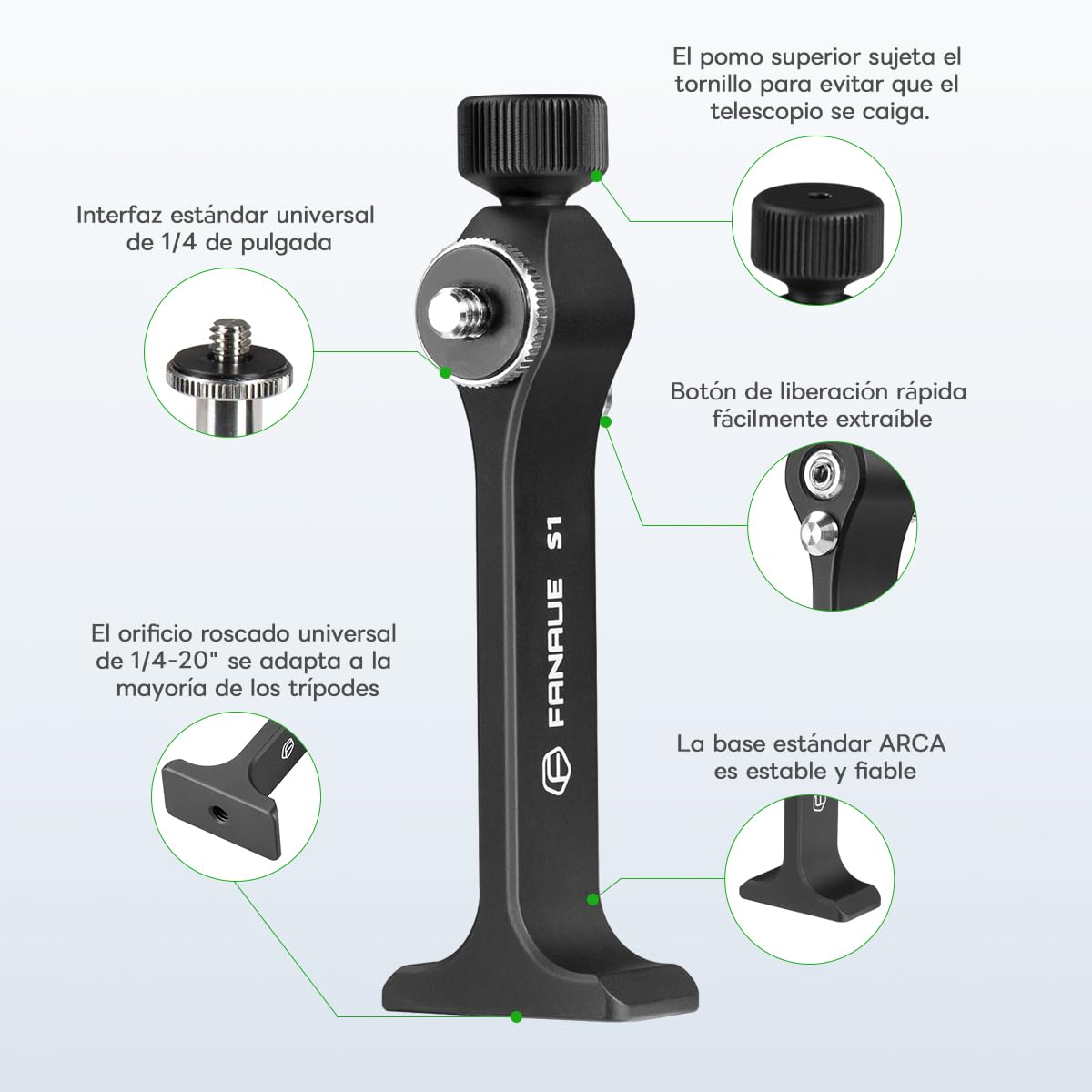 FANAUE Adaptador de trípode Binocular con 1/4-20" rosca compatible con prismáticos Porro y rótulas Arca, adaptador universal trípode para observación de aves caza, observación de animales y mucho más.