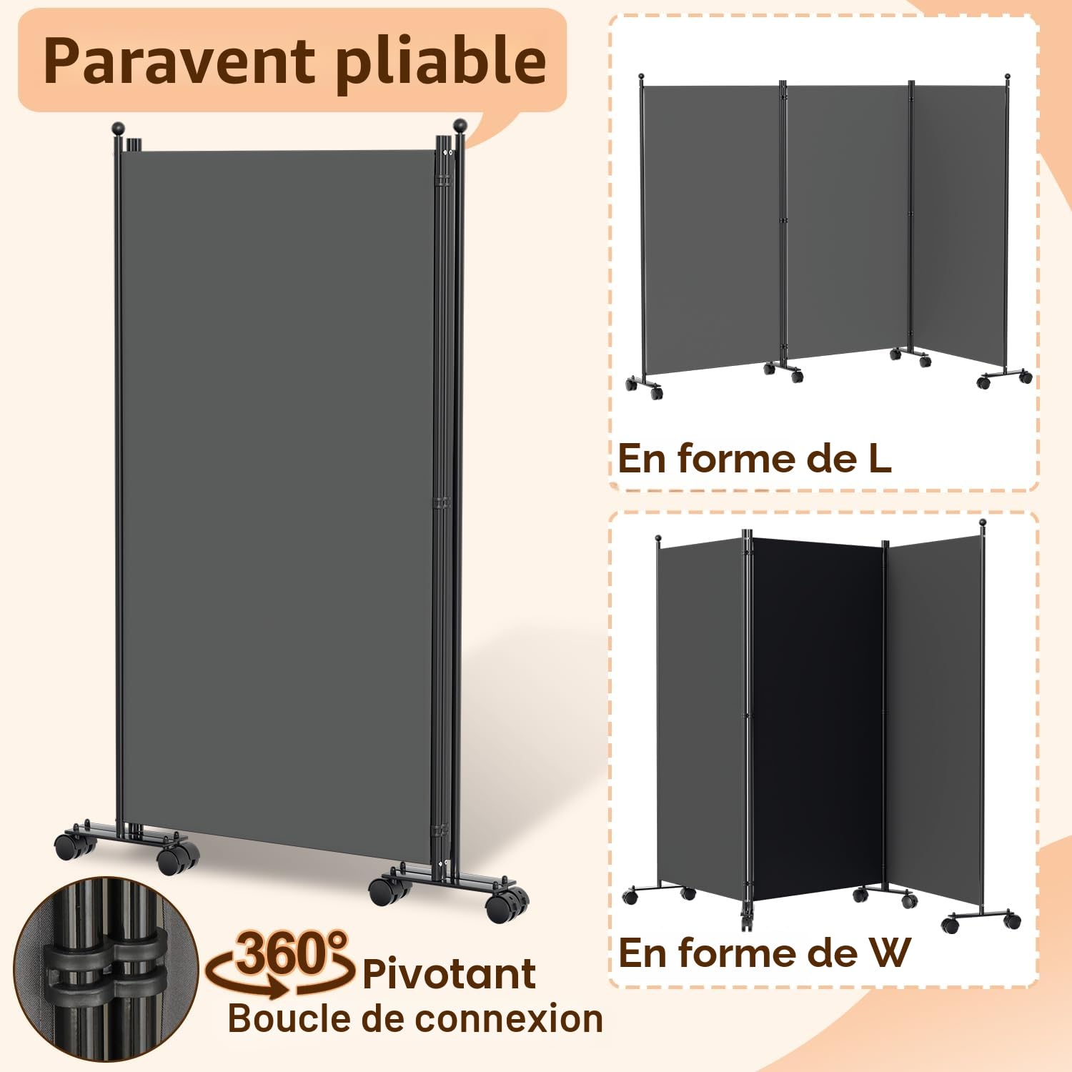 263 x 181 cm Séparateur de pièces sur roulettes, Paravent pliable 3 parties, Cloison de séparation en métal et polyester, Brise-vue Room Divider intérieur pour la maison, le bureau, la terrasse