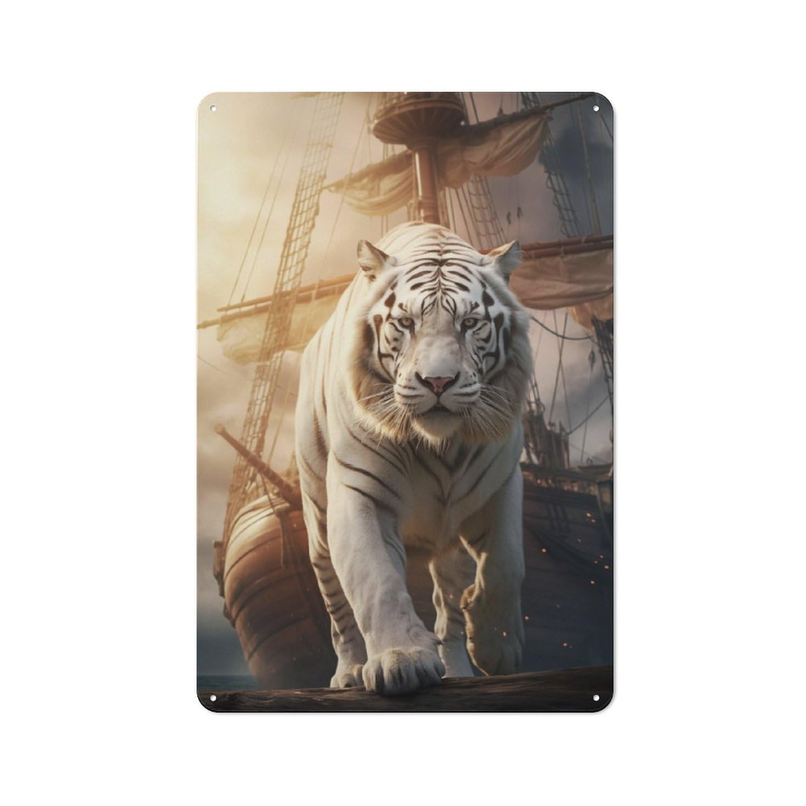 Junmoney White Tiger Sailing Boat Retro-Style Tin Sign 30X20cm For Man Cave Or Games Room, A Metal Wall Feature For Games Rooms And Man Caves