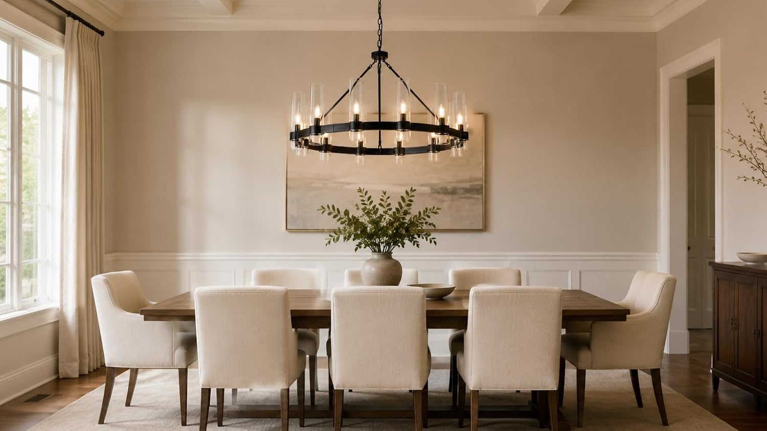 38 Inch Black Wagon Wheel Chandelier with Glass Shade, 12 Lights, Modern Farmhouse Style, Ideal for Dining Room, Kitchen, Entryways thumbnail