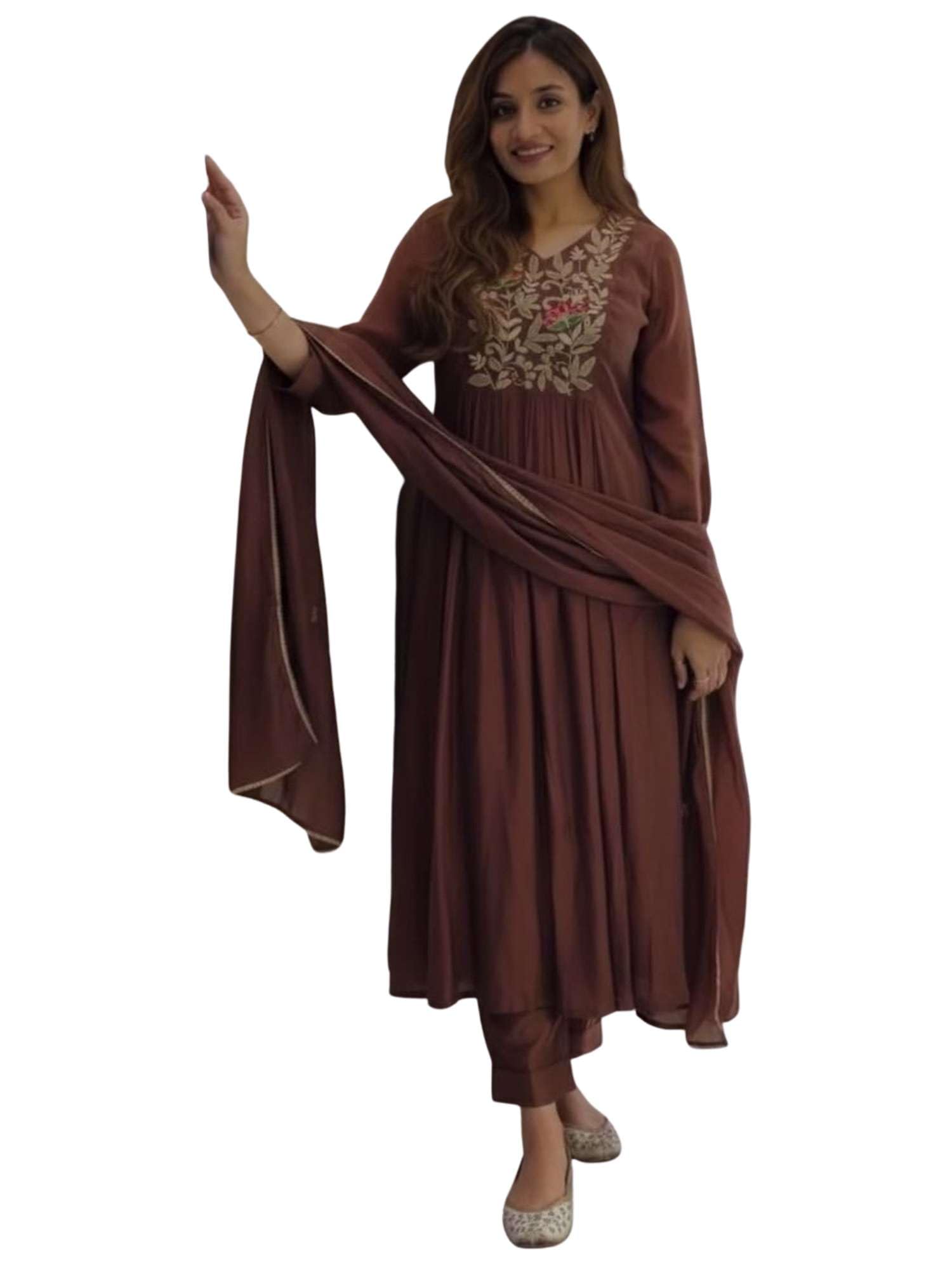 Women’s Cotton Brown Anarkali Kurti Set with Dupatta | Floral Embroidered Pleated Ethnic Dress-picture-29