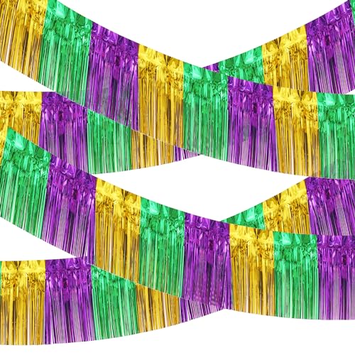 Image of 4 Pack 39 Feet Green Gold Purple Foil Fringe Garland Metallic Tinsel Streamers Banner Fringe Backdrop Banner for Parade Floats Mardi Gras Birthday Party Homecoming Decoration (Green Gold Purple)