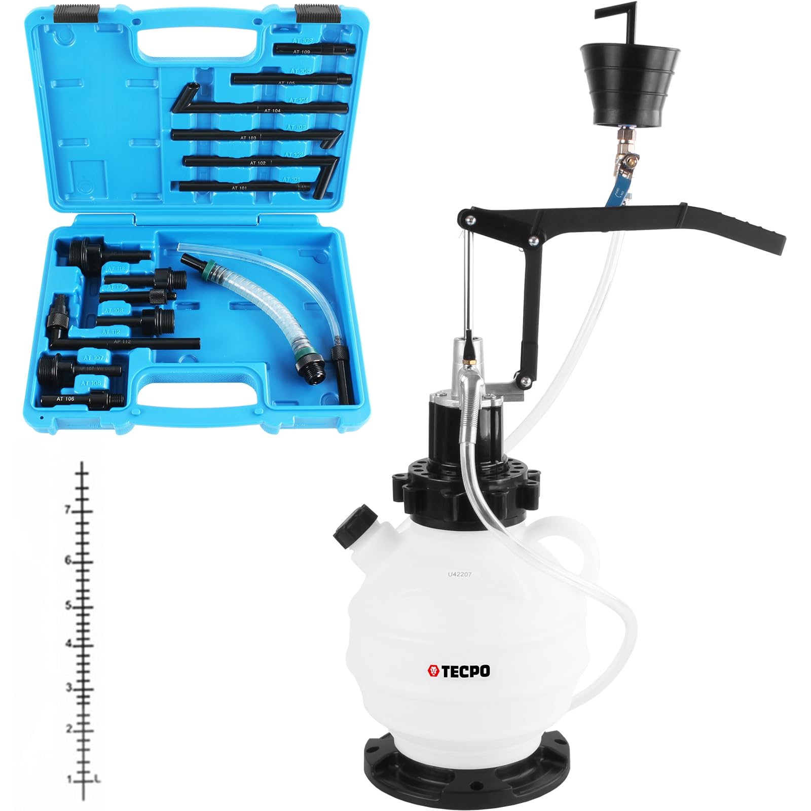 TECPO Getriebeöl-Einfüllgerät, Öleinfüllgerät, Befüllsystem 7.5 L, 15 Adapter, für Getriebe, Differentiale & Verteilergetriebe - Rücklauf-Funktion, 160 cm Schlauch, passend für alle gängigen Fahrzeuge