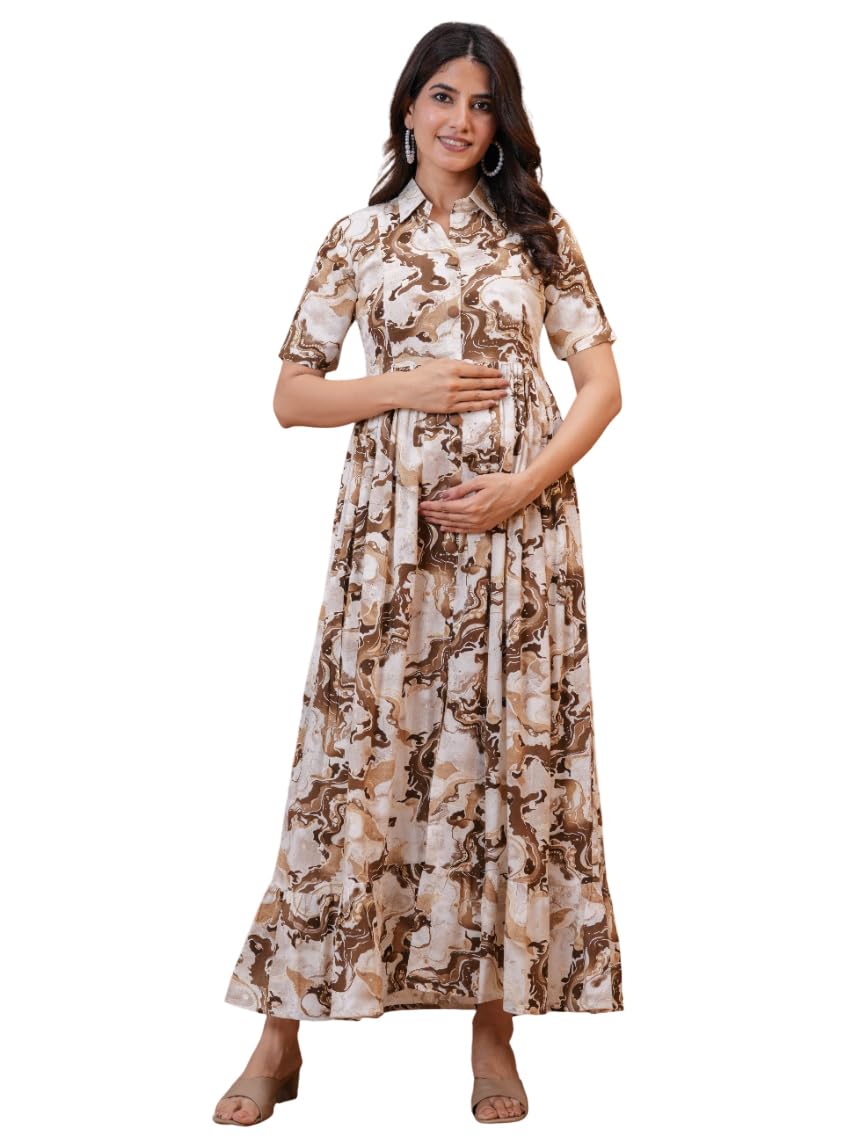 Women's Collared Neck Half Sleeves Rayon Floral Print Anarkali Maternity Dress for Casual Wear-picture-24
