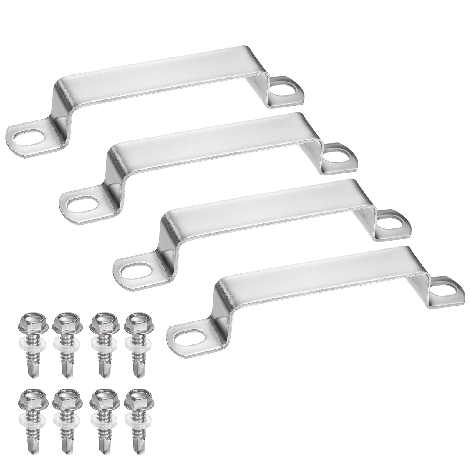 sourcing map 4set U Shaped Connector Bracket 80x20mm 304 Stainless Steel Square Pipe Clamp with Self Tapping Screw Square Tube Buckle for Pipe Hose Cable Automotive Parts, Silver โ image 1