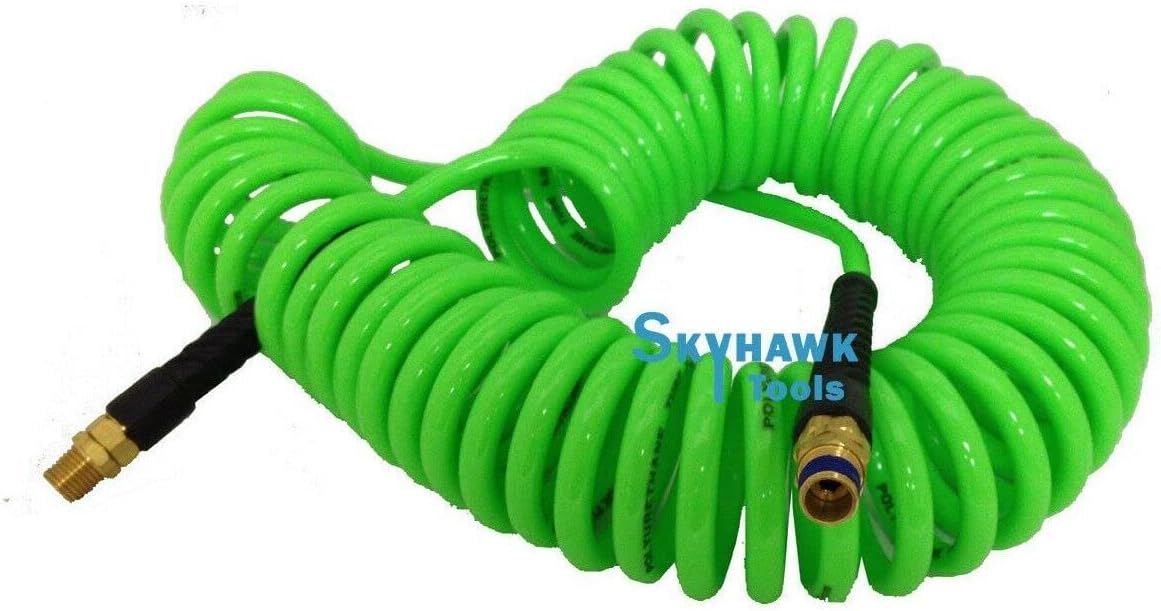 Cal-Hawk 1/4" x 30 foot POLYURETHANE RE COIL AIR HOSE male SWIVEL Fittings GREEN recoil