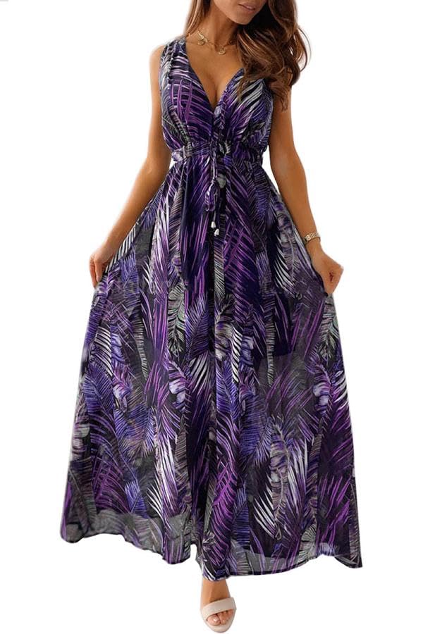 Joligiao Vestido Casual Largo Mujer Sexy Cuello en V Boho Floral Sin Mangas Playa con Espalda Descubierta Bohemio de Fiesta Verano