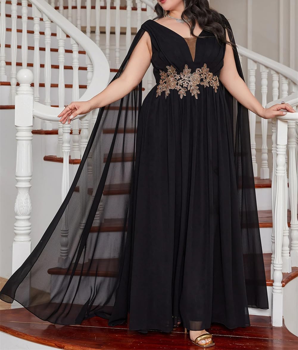 Women's Floral Embroidery Cloak Long Sleeve Chiffon Dress Plus Size Party Prom Evening Gowns