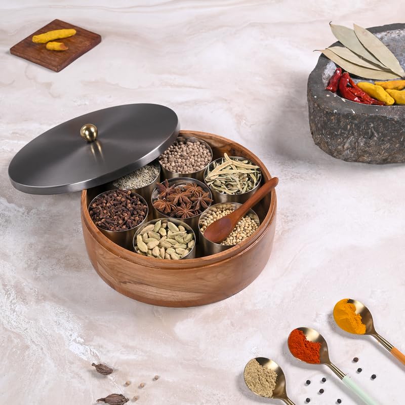 Image of Wooden Masala Box for Kitchen - 7 Stainless Steel Jars with Wooden Spoon | Stainless Steel Brass Lid with Knob | Multipurpose Dry Fruit & Spice Storage - GunMetal (Plane)