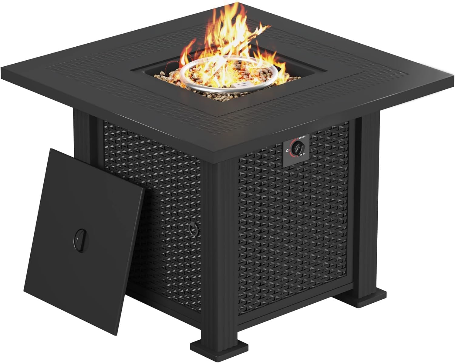Greesum 28 Inch Outdoor Gas Fire Pit Table, 50,000 BTU Steel Propane Firepit with Lid and Lava Rock, Imitation Rattan Weave Texture, Add Warmth and Ambience to Parties On Patio Garden Backyard, Black