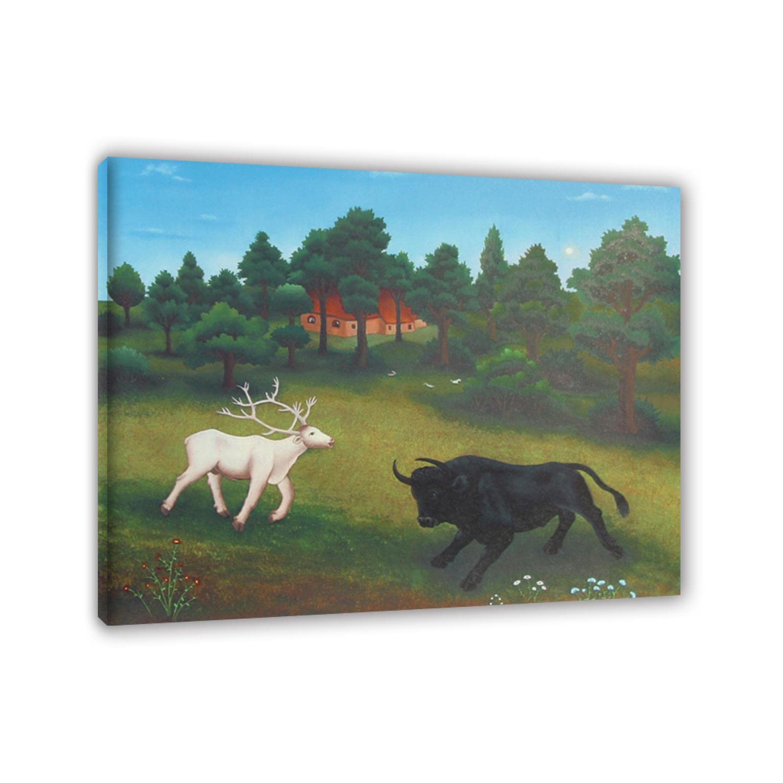 Ivan Generalic Reproducciones de pinturas en lienzo Carteles e impresiones listo para colgar famosos Cuadro de arte de pared (Ciervo Blanco y Toro) 50x60cm(20x24in)Enmarcado