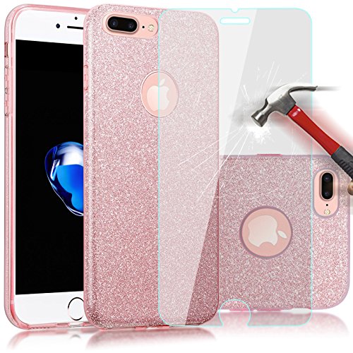 JZTECH iPhone 7 Plus Case 5.5inch,High Impact Resistant Glitter Sparkle Shining Bling Skin Cover Bumper 3 Layer TPU Soft Rubber Shockproof Durable Shell +Tempered Glass Screen Protector Rose Gold