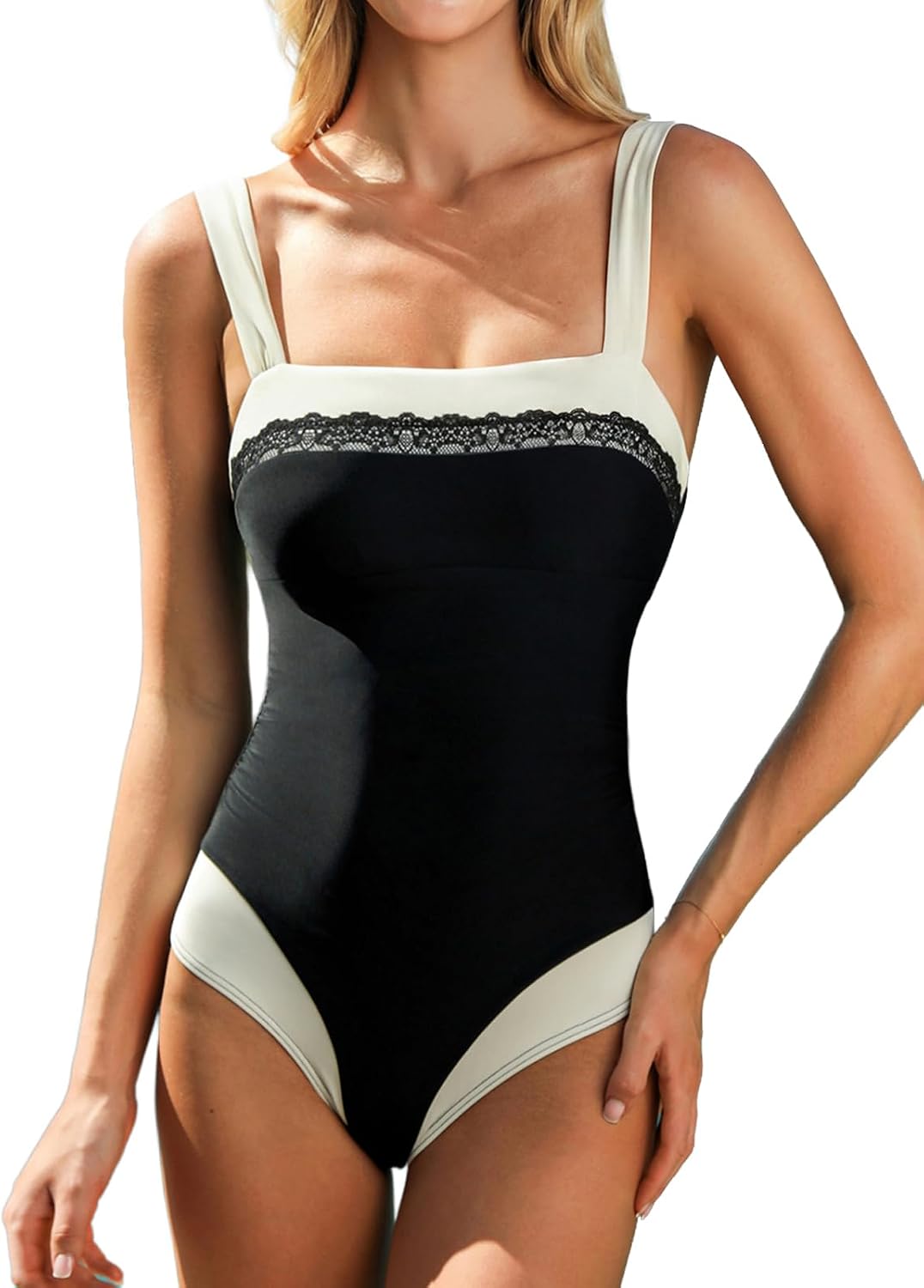 CUPSHE Women's One Piece Swimsuit Lace Trim Bathing Suit Color Block | Removable Soft Cups, Back Hook, Adjustable Wide Straps, Ruched Waist Slimming Tummy Control, Swim Suit For Beach Vacation