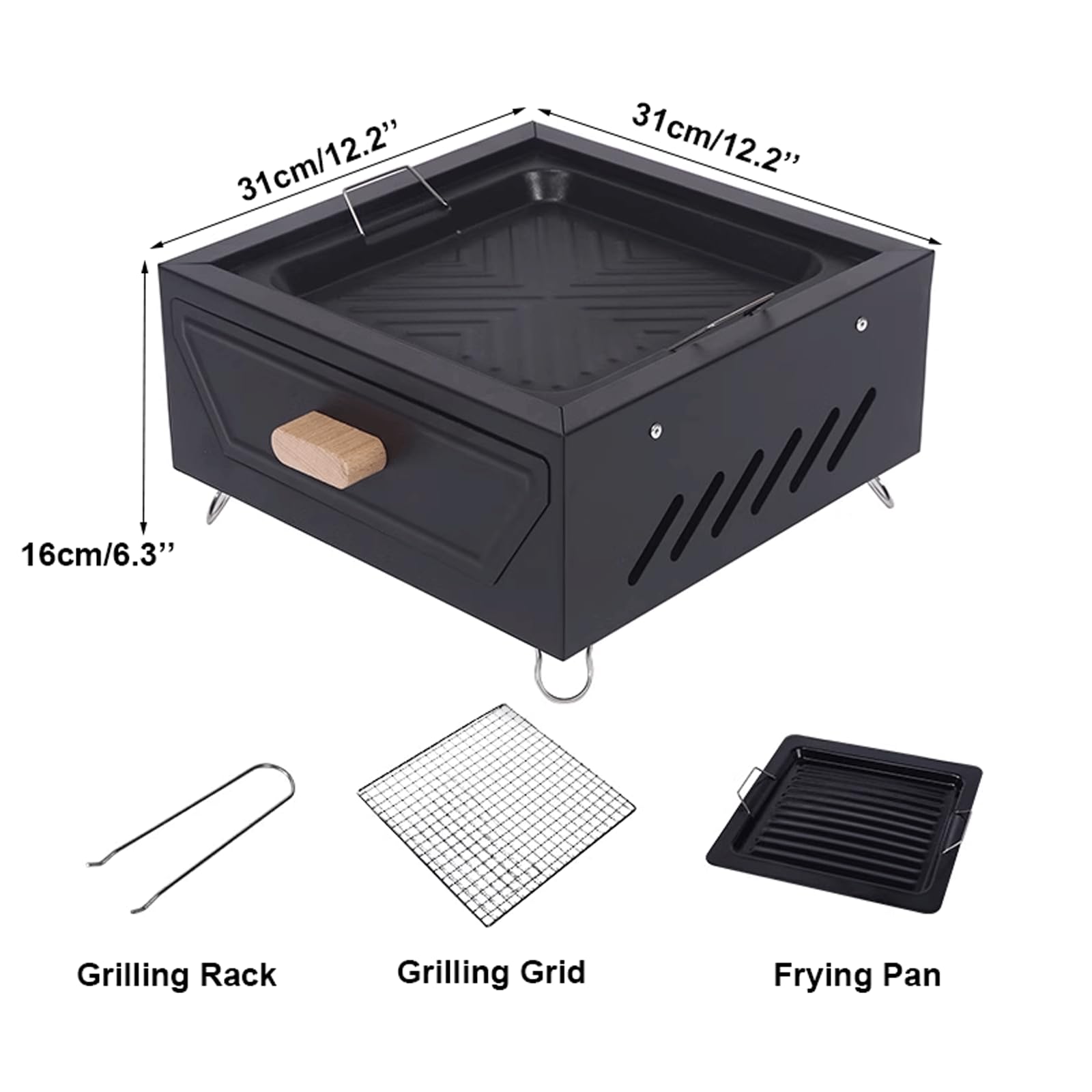 Przenośny Grill Na Węgiel Drzewny Kwadratowy Grill Stołowy Metalowy Mały Grill Grill Ogrodowy Wędzarnia/Black