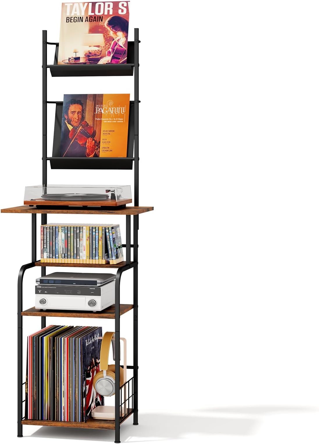 Homsorout Record Player Stand with Vinyl Storage - 6-Tier Turntable Table with Adjustable Feet, Metal & Wood Cabinet - Console Organizer Display Shelf for Living Room, Apartment