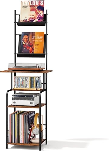 Soporte para tocadiscos con almacenamiento de vinilo, mesa giratoria de 6 niveles con patas ajustables, gabinete de metal y madera, estante