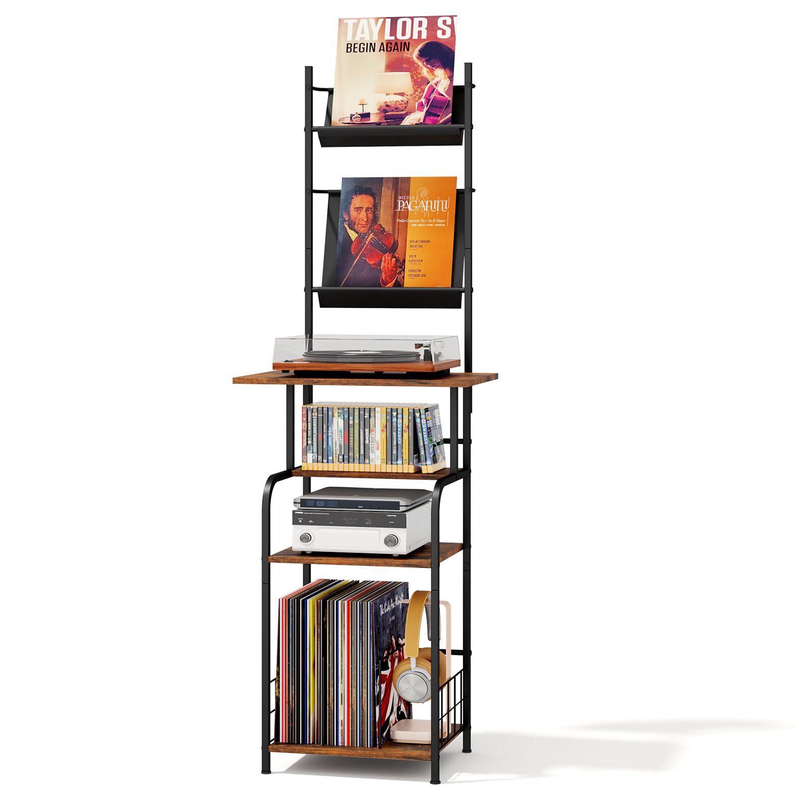 Record Player Stand with Vinyl Storage - 6-Tier Turntable Table with Adjustable Feet, Metal & Wood Cabinet - Console Organizer Display Shelf for Living Room, Apartment