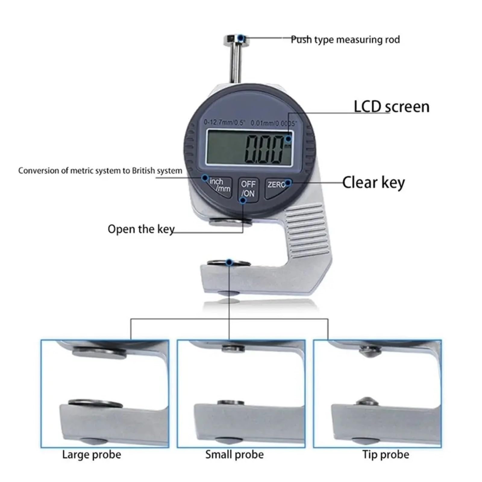 Misuratore di spessore digitale, strumento di misurazione da 0 a 12,7 mm, misurazione millimetrica accurata con display trasparente, design leggero per un facile utilizzo