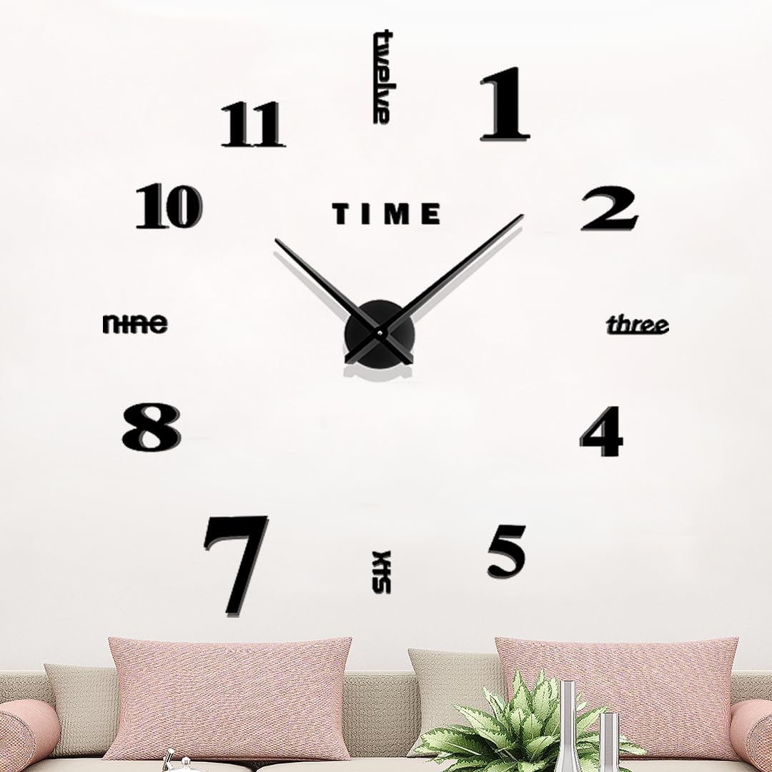 Large DIY 3D Modern Frameless Mirror Surface Sticker Big Wall Clock Home Decoration for Living Room Bedroom Office Hotel Coffee Hall Bar Decoration (Black)
